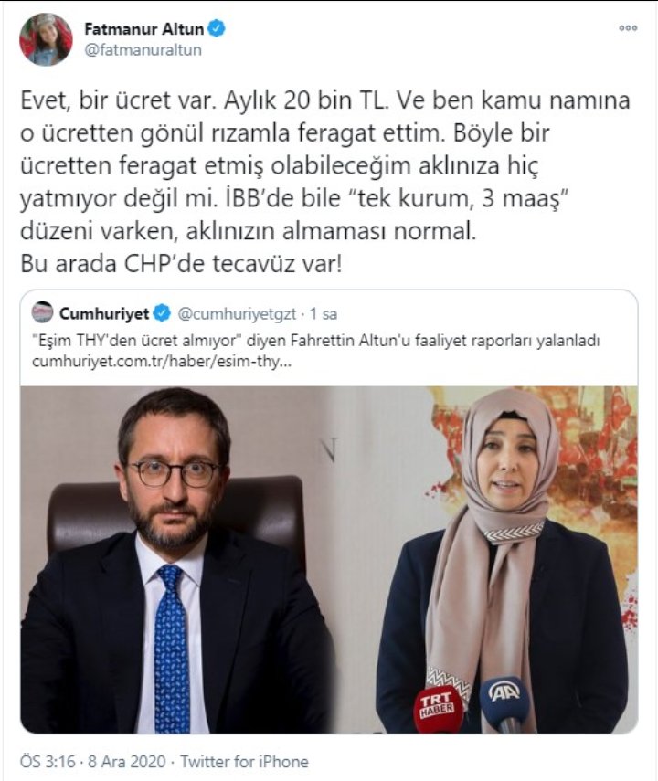 Semamarasli's tweet photo. CHP benden daha kötü demek insanı da partiyi de iyi yapmaz aklamaz.

Fatmanur Altun @fatmanuraltun
1- Evet ayda 20 bin lira THY den aldım.
2- Duyulunca bıraktım (feragat ettim)
3- CHP ye bakın. Onlar kaç maaş alıyor, tecavüz var. 

Neden kendini CHP ile kıyaslıyor? https://t.co/KeRLLThOvX