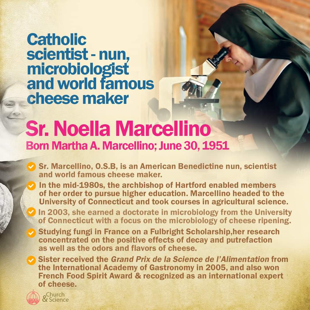 ChurchNScience's tweet photo. Catholic scientist-nun, microbiologist and a world famous cheese maker - Sr. Noella Marcellino (Born Martha A. Marcellino; June 30, 1951)
#churchandscience #sciencegrewinchristianity #science #microbiology #cheese #cheeselover #nun #catholic #sister #religious https://t.co/GK95QVtUXC