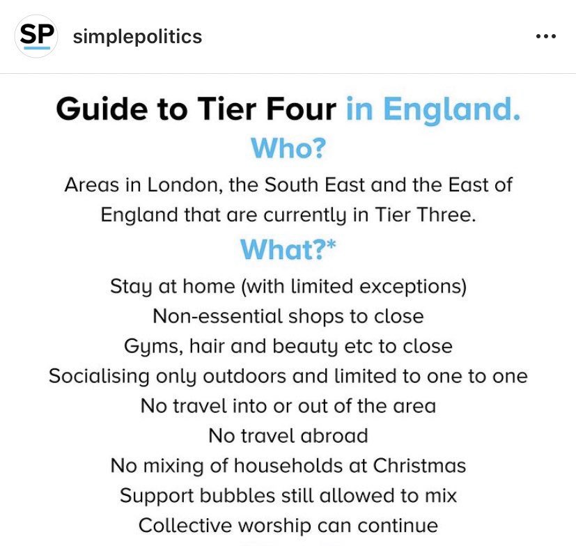 InternsSouth1's tweet photo. @easypoliticsUK have created a simple layout of the rules for Tier 4 and the rest for Xmas bubbles. We hope this helps those who are struggling with understanding the new way of life from today. #StaySafe   #StayAtHome  #Mencap https://t.co/HZEQzUOugx
