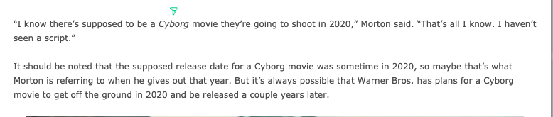 Around 2017, Joe Morton was asked about the cut scenes were going to be used for a Cyborg film going into production in 2020. Except 2020 was the year Ray's contract would have expired.