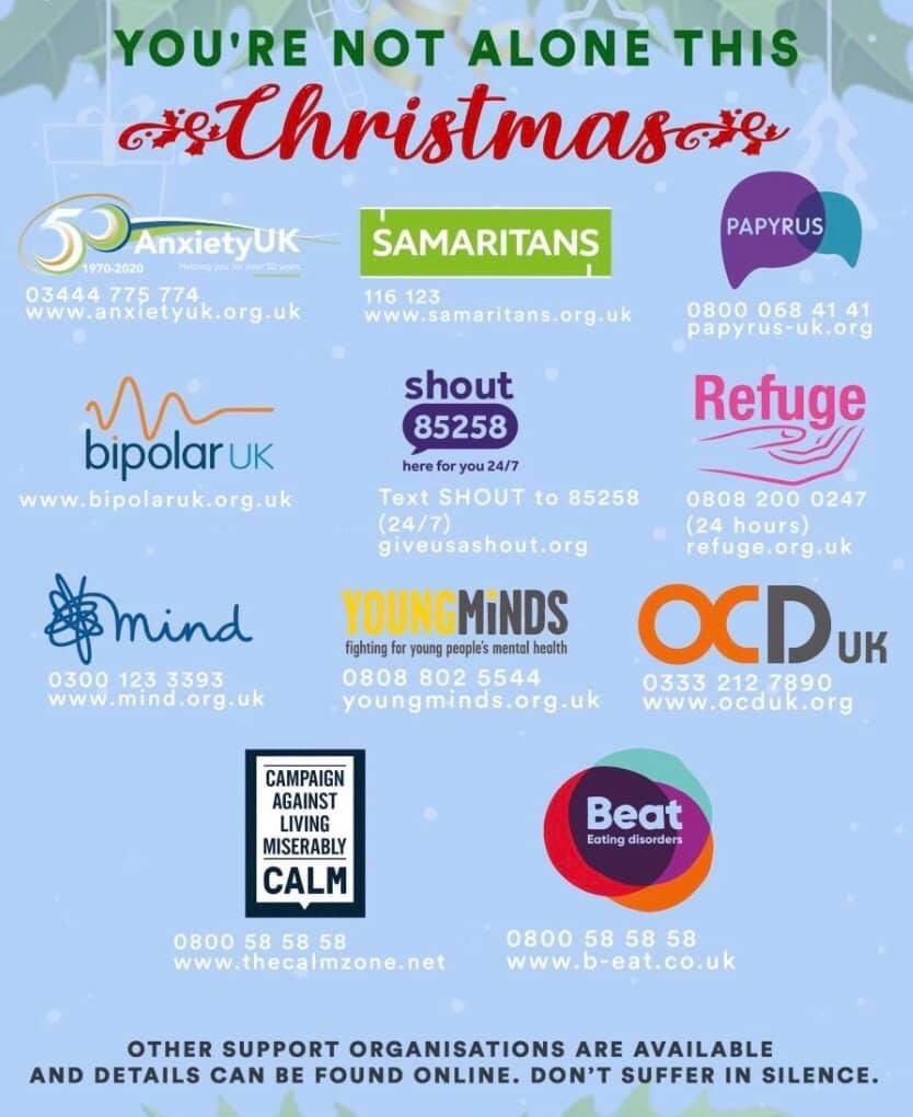 SteveMuggs7's tweet photo. This Christmas 🎄 is going to be tough following the new tier 4 restrictions, if you or anyone you know needs to talk please reach out to the numbers below ⬇️⬇️⬇️ @robianlindsay @HowardH_8 @bighandf @KevWyld @ElftOt @LetsBreakStigma https://t.co/nObq4RhEMT