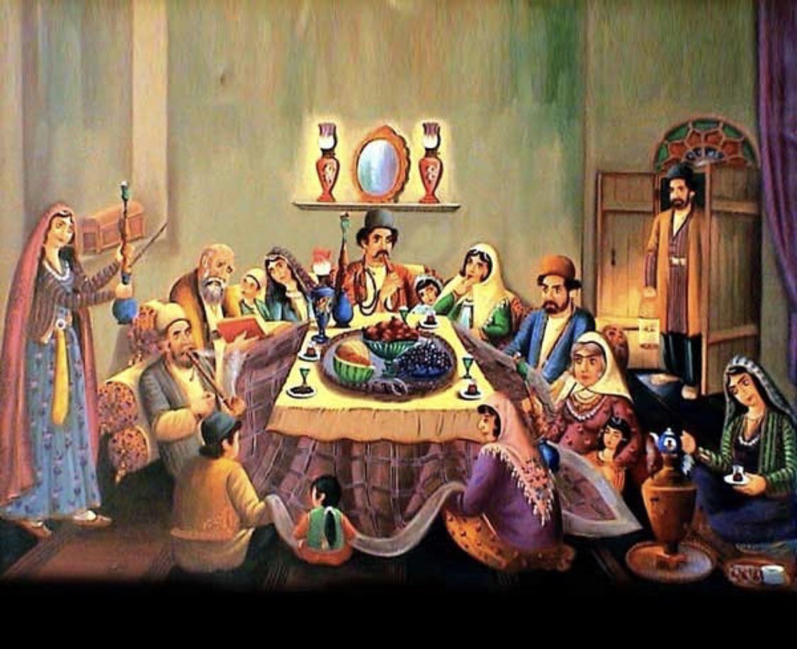 Shab-e Yaldā or Shab-e Chelleh is the twentieth/twenty-first of December, or the end of the ninth month (Azar) in the Iranian calendar. Iranic peoples stay up eating pomegranates, watermelons, nuts, sitting under a heated table called a 'korsī.' (2/7)