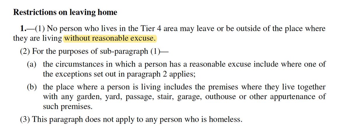 Two key points:1. Can't leave or be outside your home without a "reasonable excuse". A number of such excuses are listed but, as has been the case with Lockdown 1 and 2, the list is non-exhaustive so open question whether other activities count