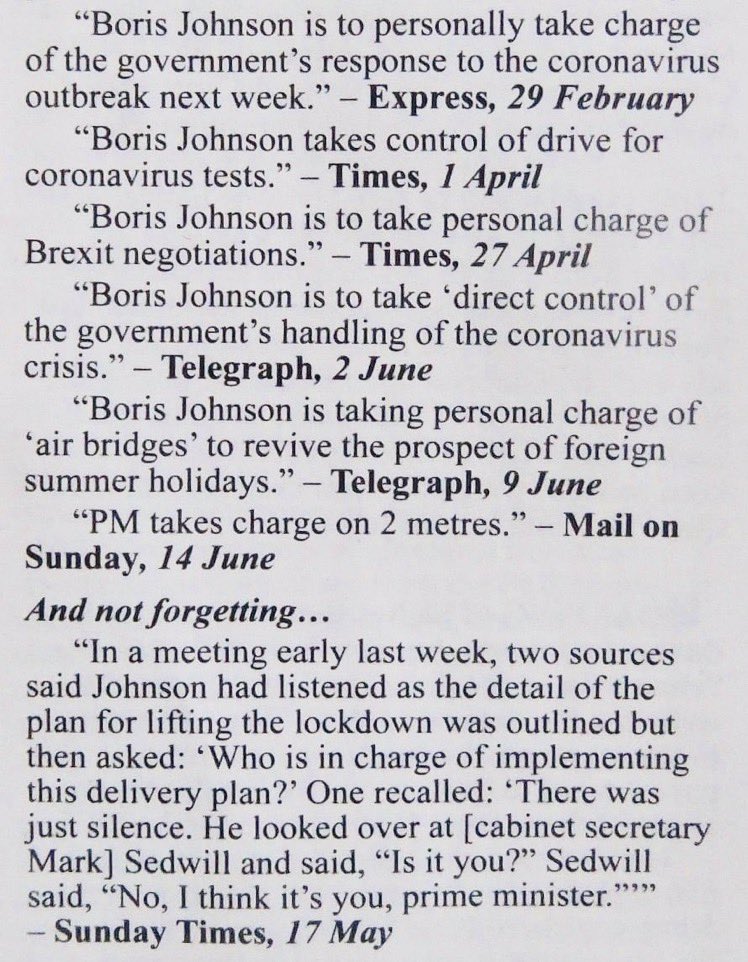 6/. In a meeting in May,  @borisjohnson reportedly listened as the plan for lifting lockdown was outlined. At the end he asked:"Who is in charge of implementing this delivery plan?"SILENCE"Is it you?" he asked  @marksedwill"Er, no. It's you PM”Sedwill quit the next month.