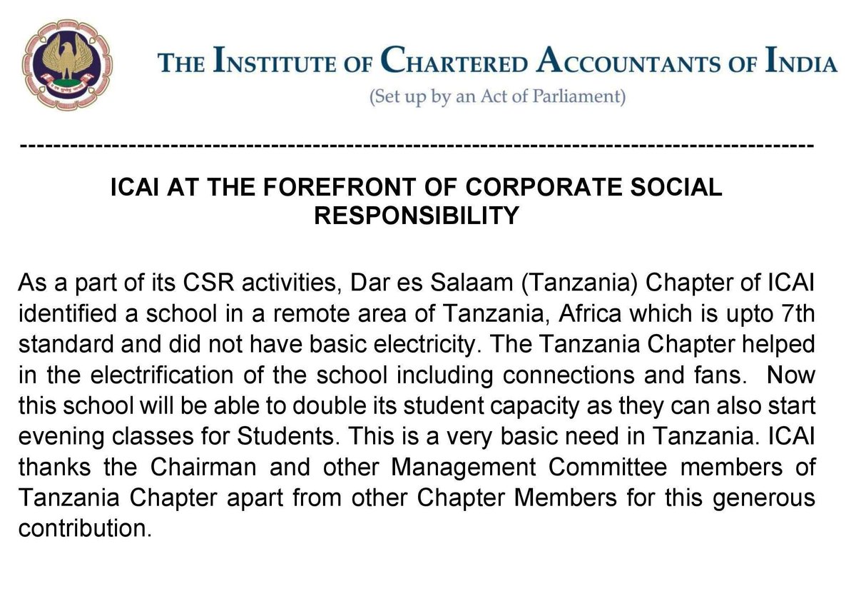 theicai's tweet photo. ICAI is always at the Forefront of fulfilling its duties for #CorporateSocialResponsibility globally as a responsible profession. 
@atulguptagst @JambusariaNihar @IFAC @icaidartz https://t.co/ROuEmVmEcX