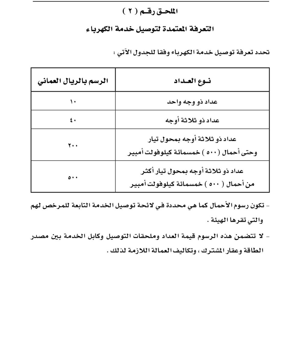 التعرفة المعتمدة للتزويد بالكهرباء