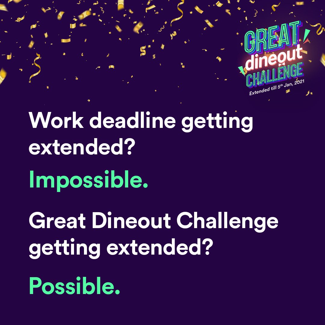 swiggydineout's tweet photo. The weekend’s almost over but the #GreatDineoutChallenge isn’t! 🔥 Now, you have until 5th January, 2021 to #BeatTheDeal: https://t.co/wVF4pDDGWV
Keep looking... or don’t. Same thing! 😉 #BestOffersForFree https://t.co/t9ttrObUqd
