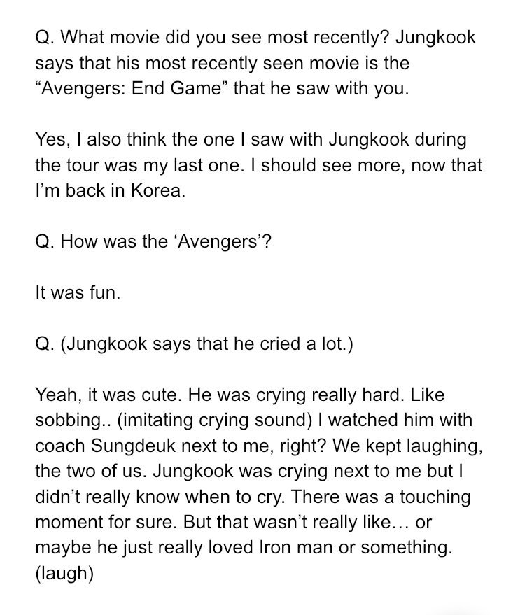 next, they saw avengers: endgame together in LA with staff. we already know jk is a massive fan of marvel/ironman. below is an excerpt of them talking about their experience + a picture of them eating (presumably) before/after the show.