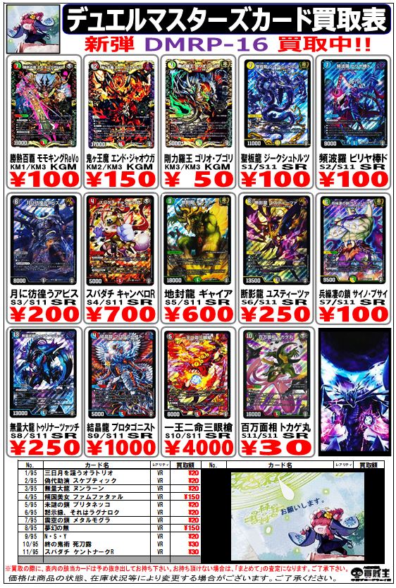 買賊王 中野ブロードウェイ店 ２ｆ 買取情報 デュエルマスターズ Rp16弾 勝熱百覇 モモキングrevo 100 鬼ヶ王魔 エンド ジャオウガ 150 地封龍 ギャイア 600 無量大龍 トゥリナーツァッチ 250 一王二命三眼槍 4000 夢幻の無 150 お手元で余った