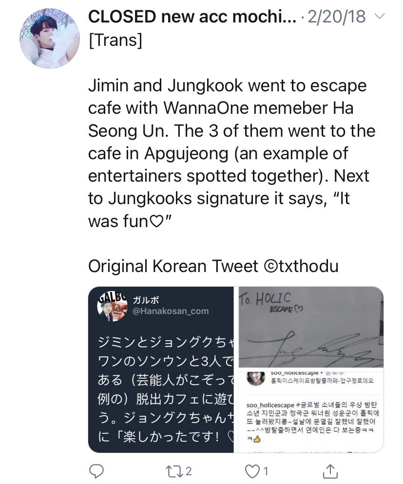 jikook are also spotted often in apgujeong, gangnam. we don’t know much other than they spend time together there. the cake that jm bought jk for his birthday is actually from a store in apgujeong. so was the escape room from earlier!