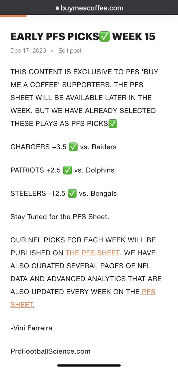 ViniFerreiraNFL's tweet photo. We Locked in these #PFSPicks✅ on our ‘Buy me a Coffee’ page Thursday 12/17:
 #GoPats +2.5 ✅
#HereWeGo -12.5 ✅ 

Both plays got steamed. Want early lines? Buy us a coffee &amp; get notified as soon as picks are available. Stay tuned for the PFSSheet Week 15! https://t.co/vSaAvl6M4j https://t.co/LFsNTUmwoQ