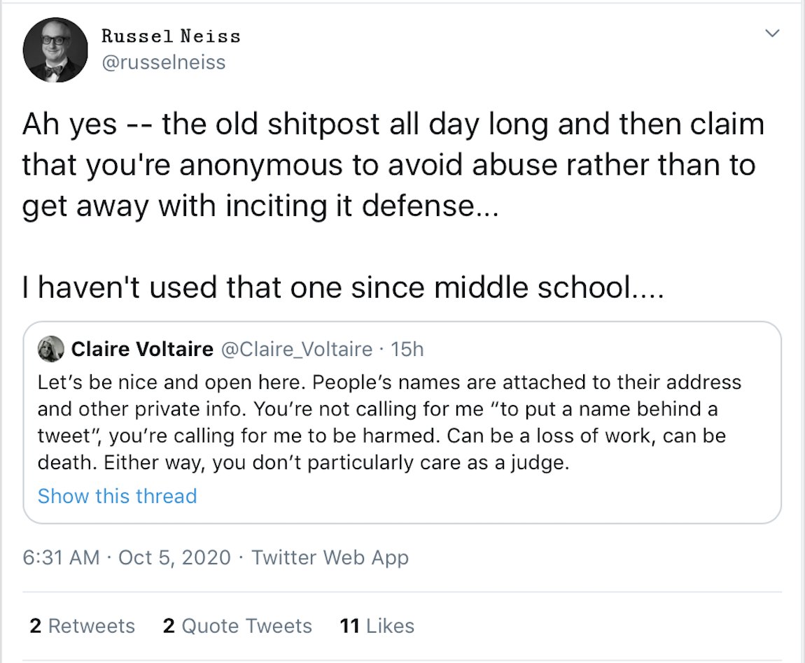 No, Russel, your left leaning politics is not what got your "harassment". Your doxing did. I certainly had no clue who you were and neither did any of my followers. The very first time I saw you in my mentions is when you complained about my "shitposting", and then posted a pic.