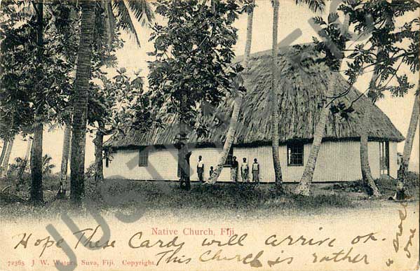 Church built Native Fale'olo style.Publisher: J.W. Waters, Suva, Fiji. Original Collection: Mrs Amy Wager, 1904.Source:  http://www.justpacific.com/fiji/fijiphotos/cards/fijians/houses/index.html