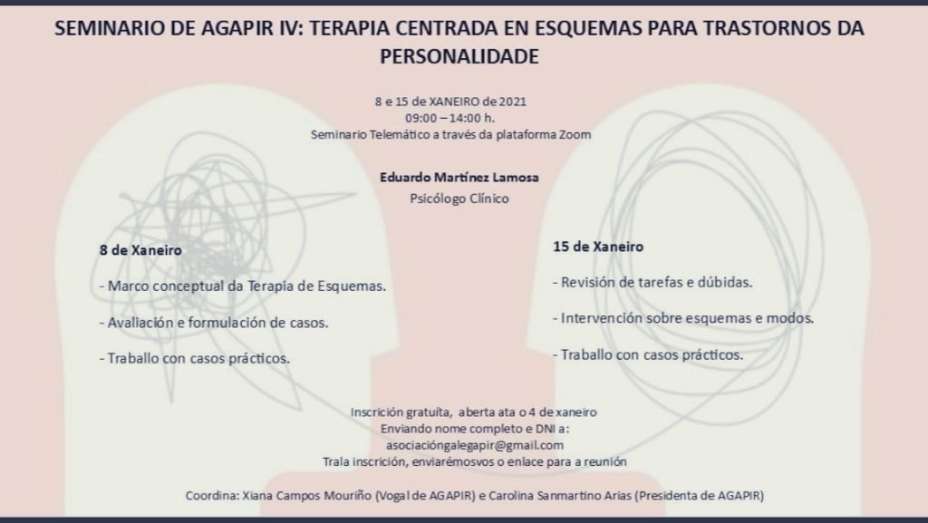 _AGAPIR's tweet photo. SEMINARIO AGAPIR IV
🗂 Tema: terapia centrada en esquemas para trastornos da personalidade.
🥼Impatido: Eduardo Martínez PEPC 
💻 Mediante Zoom
🕘 Data: 8 e 15 de xaneiro ás 09:00
🗣 Idioma: Castelan 
💵 Prezo: gratuíto https://t.co/5hzSW1IaJQ