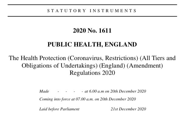 Good morning! New lockdown regulations - Tier 4 introduced, Christmas rules changed. In force 7am todayThe Health Protection (Coronavirus, Restrictions) (All Tiers and Obligations of Undertakings) (England) (Amendment) Regulations 2020 https://www.legislation.gov.uk/uksi/2020/1611/pdfs/uksi_20201611_en.pdf