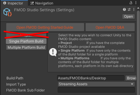 1. Set your integration up as Single (usually this, for jams) or Multi-Platform Build. This allows you to separate the FMOD project from the Unity project, so you don't have to push around a few hundred (or thousand) MB extra with your git commits.