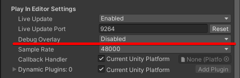 2. While you're in the FMOD Settings panel, adjusting your build path/settings, also turn off the Debug Overlay, and save your team from the frustration of trying to figure out how to do it themselves.