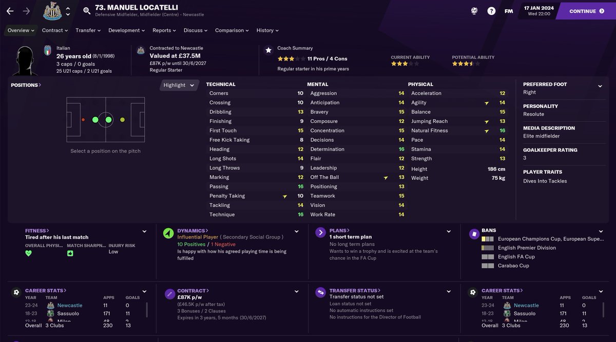 TRANSFERS IN - SUMMER 23/24Oh and another first-teamer I missed, Manuel Locatelli on a Free Transfer. The poorer manager's Sandro Tonali  I did this mainly because it was a freebie and I missed out on Declan Rice (which fucked up my Home Grown squad planning)... #NUFC  #FM21  