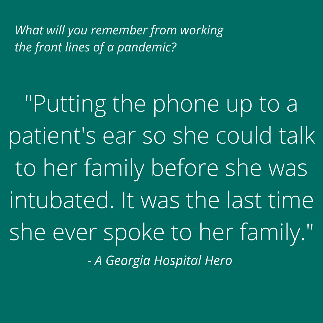 GaHospitalAssoc's tweet photo. “Putting the phone to a covid patient's ear so she could talk to her family before being intubated. It was the last time she spoke to her family.”

- A Ga health care worker reflecting on their most memorable moment working on the front lines of the pandemic. #covidlookback https://t.co/34tS8k3AGt