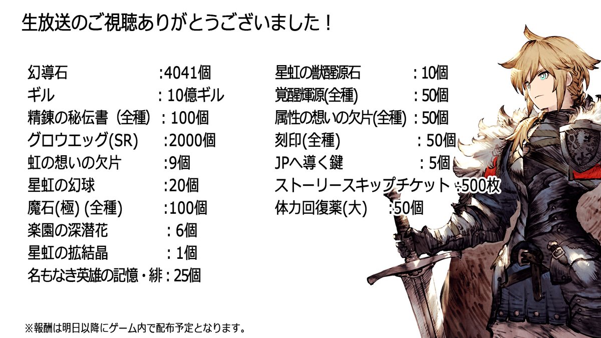 Ffbe幻影戦争 公式 ੭ W ੭ リオニス国営放送 をご視聴いただき ありがとうございました 番組内で出たプレゼント 内容をまとめさせていただきました 画像の内容について 明日12 21 月 以降の配布を予定しております 今後とも 幻影戦争 を