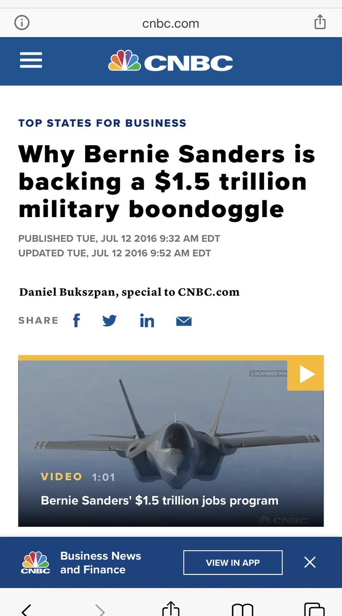 Secondly, Sanders has frequently bloated the military budget with wasteful weapons programs we don’t need - in order to benefit the economy of 624,000 ppl of VermontHe has been tucking this into their budget over the Pentagon objections for years. This has a cost to taxpayers