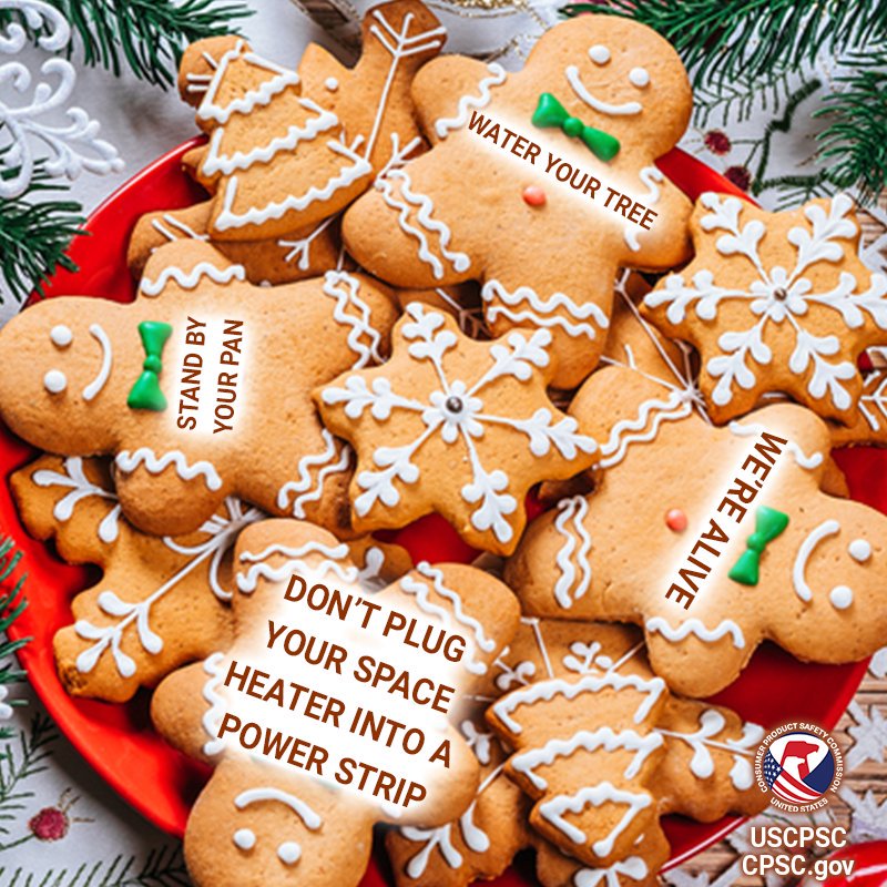 A plate of holiday cookies. The text reads: water your tree, stand by your pan, don't plug your space heater into a power strip, we're alive.