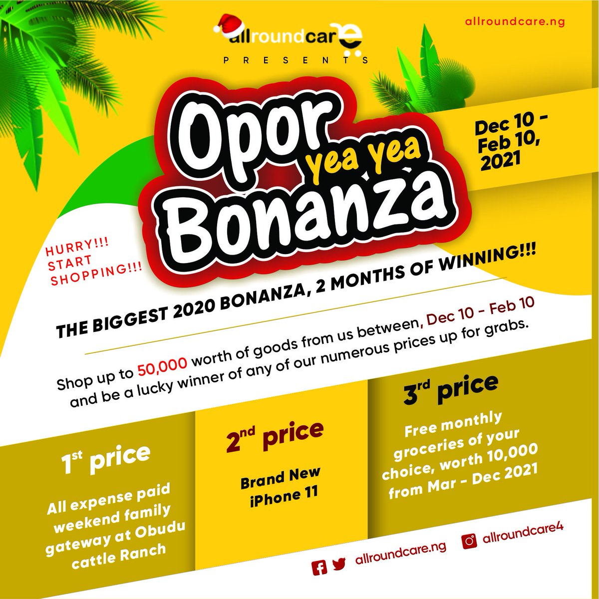AllroundcareN's tweet photo. The biggest Bonanza of the year comes to you, from the stables of https://t.co/8fsmuyTmjU; the foremost online groceries and gadgets store. 

Click on the link below 👇 to learn how to win fanstatic prices:

https://t.co/QrEs2puKLL
🤩🤩🤩 @TheReal_Hafeez @usmanomolara3 @mr_muize https://t.co/QXeOmBzDaz