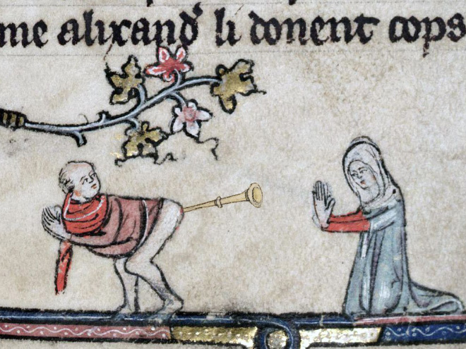 A LOT OF THAT WEBSITE'S IMAGES DO NOT ORIGINALLY HAVE TRUMPETS.Left is an image from there, which also seems to be circulating more widely. Right is the original REAL image. (Bodleian, MS. Bodl. 264, f 56r)