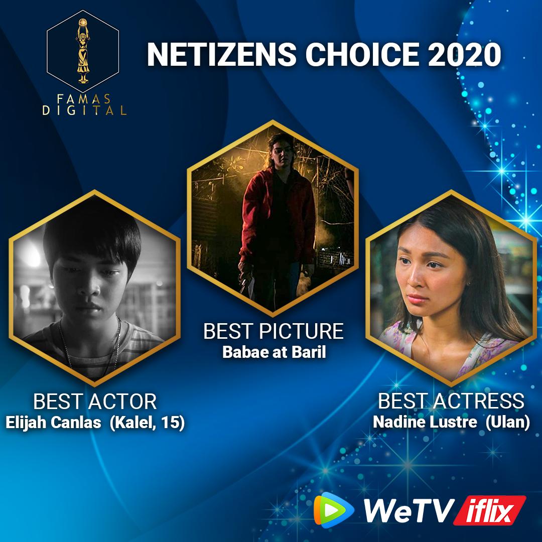 iflixph's tweet photo. ๐ข You've made your voice heard. ๐ข
After a staggering 760,000+ votes, it's time to reveal your picks. The FAMAS Netizens Choice winners are:
Best Picture: Babae at Baril
Best Actor: Elijah Canlas, 'Kalel, 15'
Best Actress: Nadine Lustre, 'Ulan'
#FAMAS2020onIFLIX @DigitalFAMAS https://t.co/aWm7wfPdjv