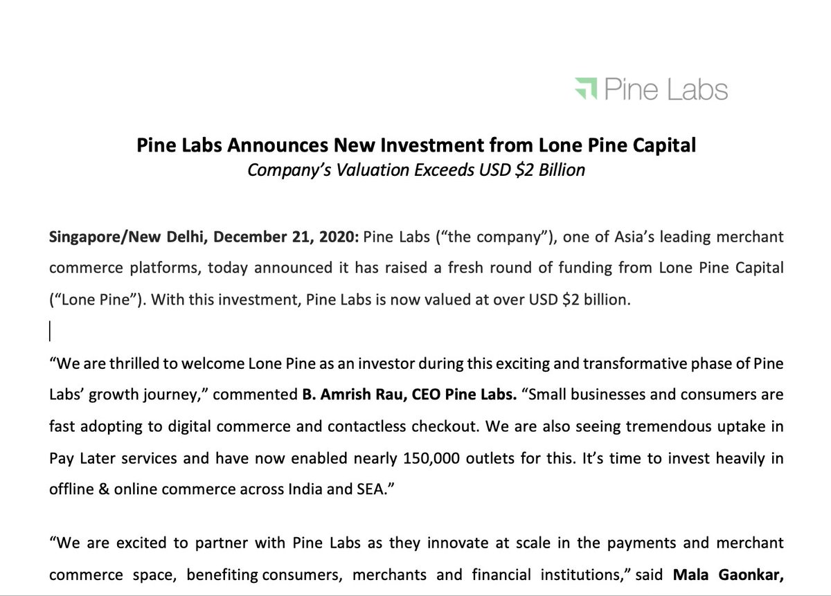 Today we announce a new round led by Lone Pine Capital, founded by the legendary Stephen Mandel. This round values <a href="/PineLabs/">Pine Labs</a> $2Bn+. We are very excited as this adds to our pristine investor set. Thank u <a href="/Sequoia_India/">ex-Sequoia India</a> <a href="/Temasek/">Temasek</a> <a href="/Mastercard/">Mastercard</a> <a href="/Paypal/">PayPal</a> <a href="/ActisLLP/">Actis</a> 
1/5