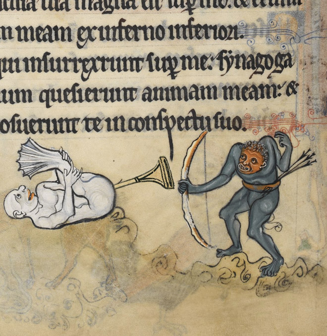 Left is another image from the article, also circulating widely. Right is the original, sans trumpet, from The Rutland Psalter.WHAT IS HAPPENING?? WHO IS DOING THIS???(BL, MS Add MS 62925, f.87v)