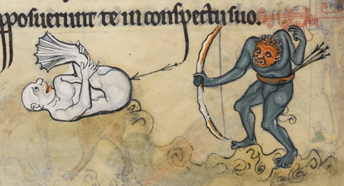 Left is another image from the article, also circulating widely. Right is the original, sans trumpet, from The Rutland Psalter.WHAT IS HAPPENING?? WHO IS DOING THIS???(BL, MS Add MS 62925, f.87v)