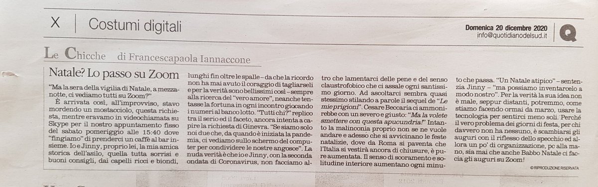 francescapaola3's tweet photo. In un Natale un po' atipico, stretto nel sacco della pandemia che sia Zoom la ricetta per una solitudine un po' mitigata?
Ne parlo questa domenica sul @LAltravoce #Insertoculturale #Mimì nella #rubrica #LeChicche https://t.co/KZ0oLGc9gs