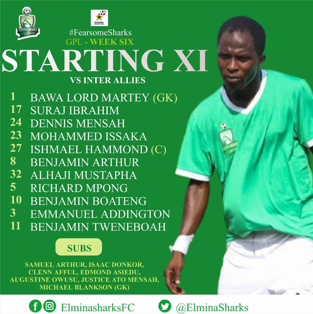 ElminaSharks's tweet photo. TEAM NEWS
Coach Yaw Achaempong makes 6 changes for today.
#BawaMartey & #BenjaminArthur are back from suspension.
#SurajIbrahim gets his first start of the season.
#FearsomeSharks
#GPLwk6
#SharksAllies https://t.co/x9cK9UB8Z9