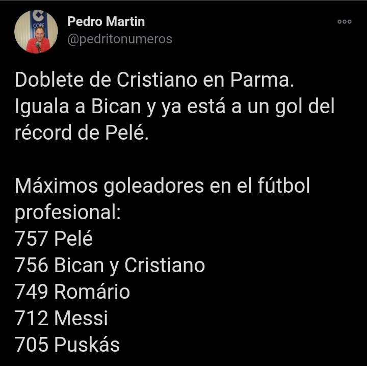 En cuanto a los goles oficiales, Cristiano tiene 756 y como le dije a  @PierreRvT cuando llegue a 760 se acaba la discusión en cuanto a goles oficiales. Ahí será el 1 histórico sin discusión alguna.