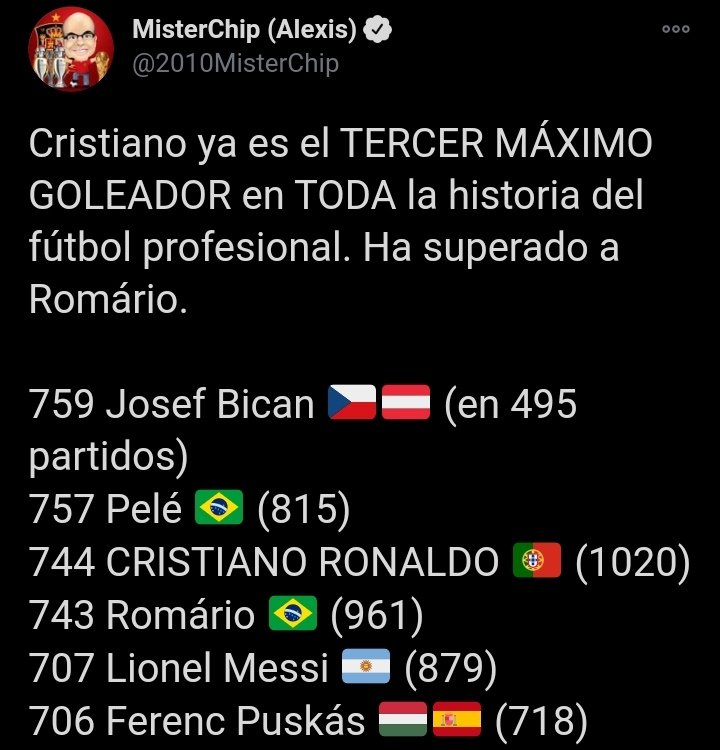 En cuanto a los goles oficiales, Cristiano tiene 756 y como le dije a  @PierreRvT cuando llegue a 760 se acaba la discusión en cuanto a goles oficiales. Ahí será el 1 histórico sin discusión alguna.