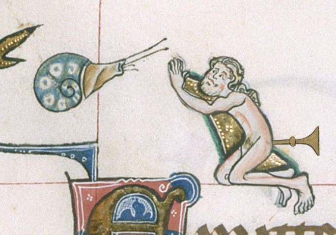 The trumpet here is so BLATENTLY not part of the original image. The right (which I *think* is from the The Gorleston Psalter) is the original, with no trumpet. I need to track down the exact folio.