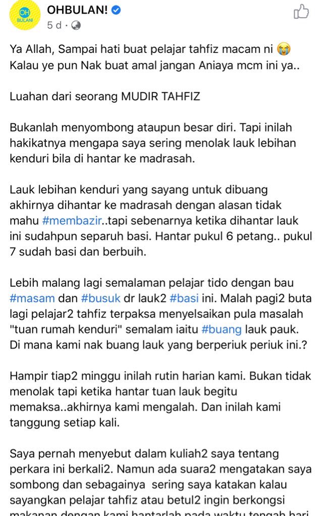 dyeanarose's tweet photo. Ada baca post dekat FB, orang hantar lauk kenduri tak habis ke madrasah / tahfiz sebab taknak buang lebihan / membazir. Tapi bila hantar lauk lebih, pukul6-7 petang lauk tu dah basi. Tiap minggu mereka hadap benda ni. 😟 https://t.co/DS0vInga7K