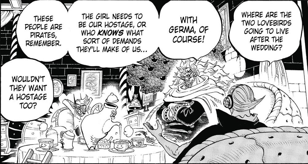 Comme dit plus haut, une alliance se fait entre 2 partis pour réaliser un objectif commun, hors le Germa n’avait absolument pas le même objectif que Big Mom.Au contraire même, le Germa comptait se servir de Pudding comme otage une fois mariée pour faire pression sur Big Mom.