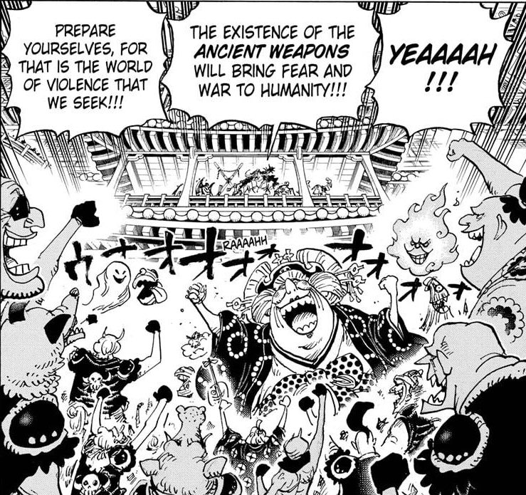 ...la force nécessaire (arme antique) pour les battre sans Kaido afin de pouvoir imposer sa seule domination sur le monde.(De toute façon leur plan de base était de se hisser tous les 2 au sommet du monde afin qu’ils s’entretuent, donc bon leur combat aurait été inévitable)