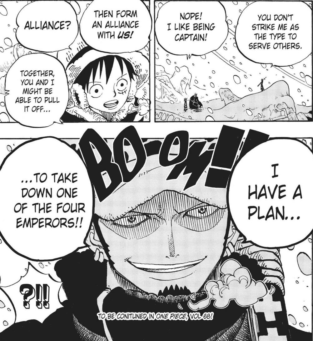 Pour finir je vais analyser la possibilité de trahison d’un point de vu narratif.Depuis Punk Hazard, soit plus de 300 chap, Oda met en place la chute de Kaido par l’alliance pirate Luffy&Law.Les arcs ont passé, et Oda a introduit d’autres forces de frappes nécessaires pour...