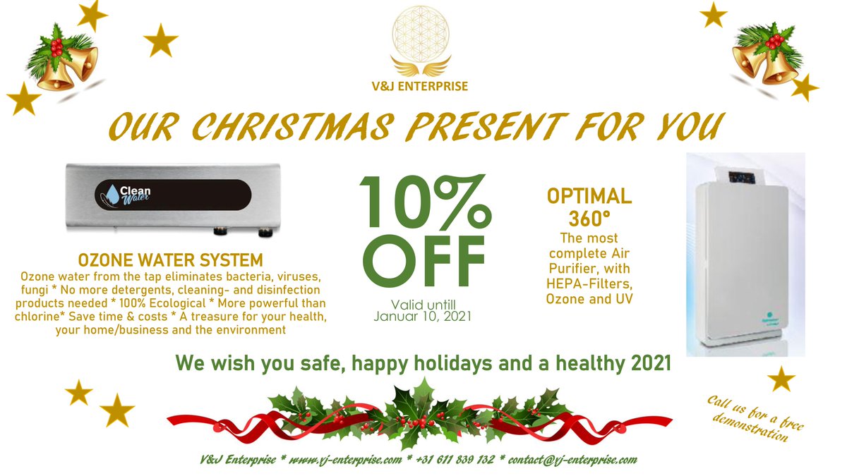 DEAR CUSTOMERS, to enjoy and keep you and your loved ones safe and healthy, we offer you a unique 10% DISCOUNT on two of our top products: THE OZONE WATER SYSTEM and THE OPTIMAL 360° AIR PURIFIER. Wishing you warm holidays and a happy &amp; healthy new year! #duurzaam #Kindergarten