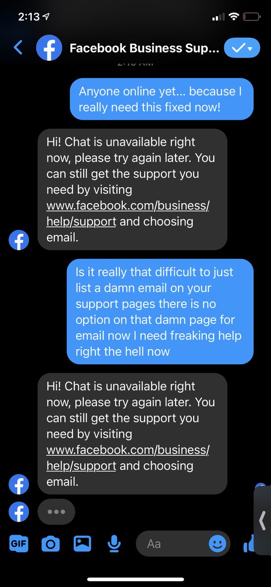 oyltimes's tweet photo. Also @Facebook is it really that damn difficult to list a damn email on your support page so that I can at least feel like I am getting somewhere. I have attempted to reach out in chat and I keep getting a message telling me to email... there is no email option! https://t.co/JsNfM990Yz