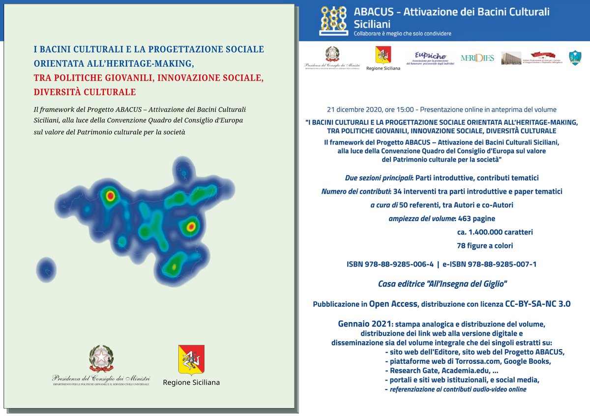 baciniculturali's tweet photo. #BuonaDomenica 
Progetto ABACUS #baciniculturalisiciliani

Domani 21 #dicembre ore 15:00
 
Anteprima del volume:
I BACINI CULTURALI E LA PROGETTAZIONE SOCIALE ORIENTATA ALL’HERITAGE-MAKING, TRA POLITICHE GIOVANILI, INNOVAZIONE SOCIALE, DIVERSITÀ CULTURALE

https://t.co/CTBq0qLqbv https://t.co/6ZpOIxmJeC