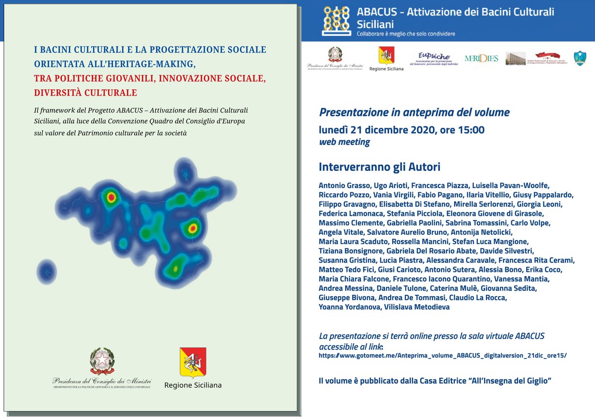 baciniculturali's tweet photo. #BuonaDomenica 
Progetto ABACUS #baciniculturalisiciliani

Domani 21 #dicembre ore 15:00
 
Anteprima del volume:
I BACINI CULTURALI E LA PROGETTAZIONE SOCIALE ORIENTATA ALL’HERITAGE-MAKING, TRA POLITICHE GIOVANILI, INNOVAZIONE SOCIALE, DIVERSITÀ CULTURALE

https://t.co/CTBq0qLqbv https://t.co/6ZpOIxmJeC
