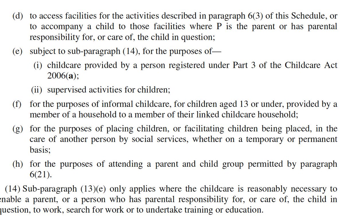 Loads of exceptions for children - important for many people. - Linked childcare households still apply- Supervised childcare activities still allowed (subject to guidance)- Allowances for separated parents- Parent and child groups up to 15 people