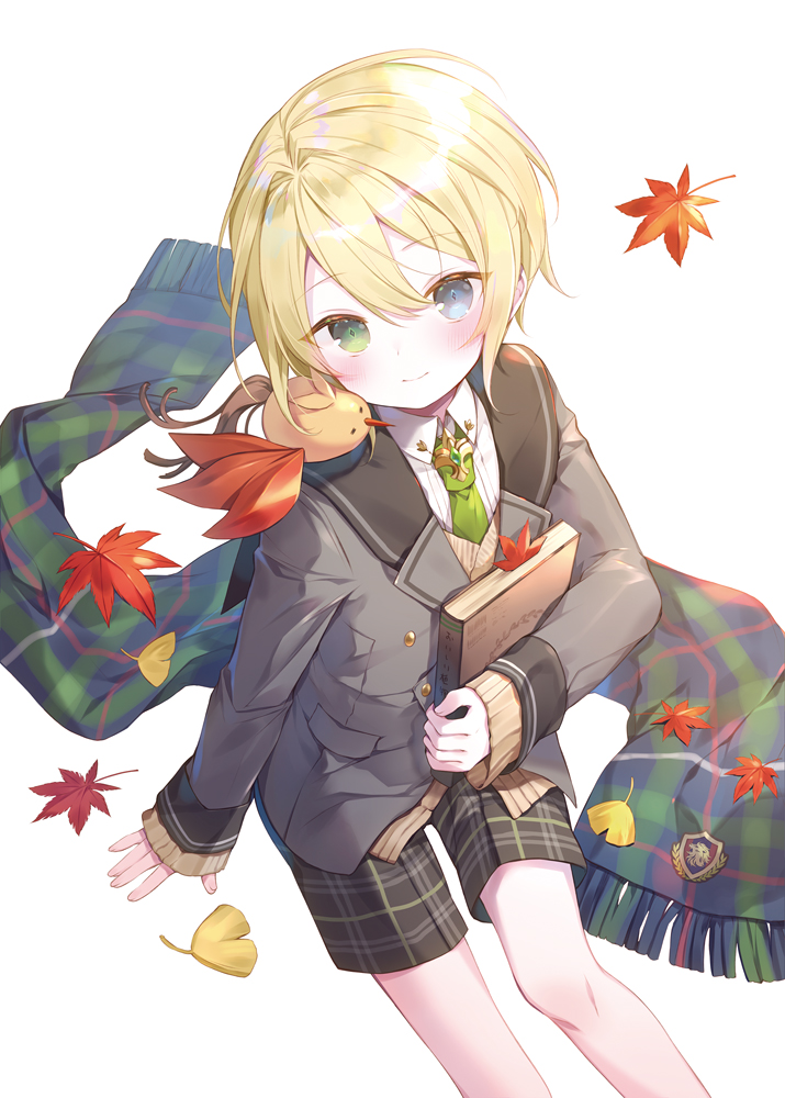 blonde hair male focus 1boy shorts scarf book green eyes  illustration images