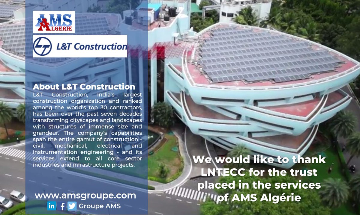 groupe_ams's tweet image. We would thank the India&apos;s largest construction organization #LNTECC for the trust shown in AMS Algerie&apos;s Technical Assistance, Recruitment &amp;amp; Sourcing serv.
Very pleased to accompany you in success of your projects&apos; #construction  
#Skills #Outsourcing #Recruitment #Algeria #LTHE