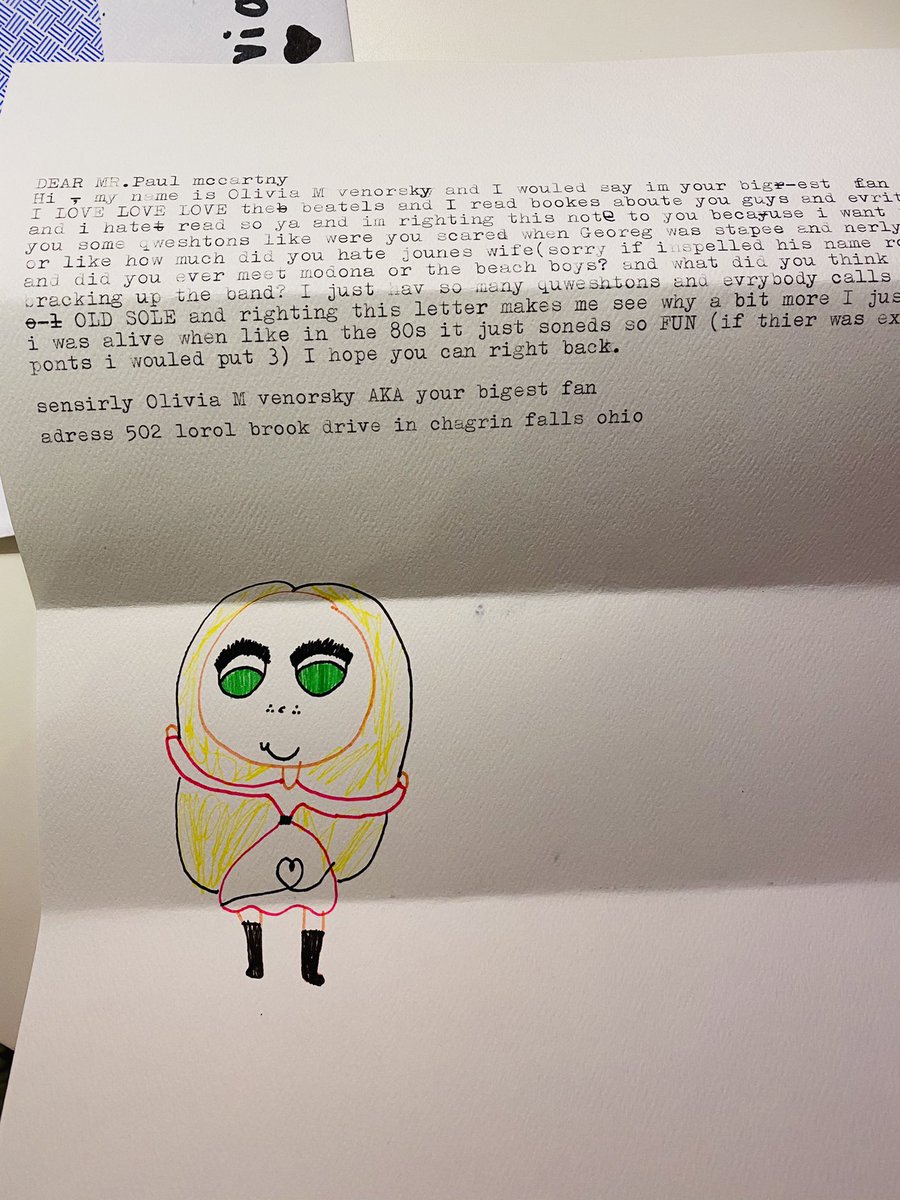 michellev's tweet photo. @johnkrasinski Most kids write letters to Santa. But my daughter, Olivia, 9, wrote to Sir Paul himself. She’s a huge Beatles fan! https://t.co/3SGnTMa15N