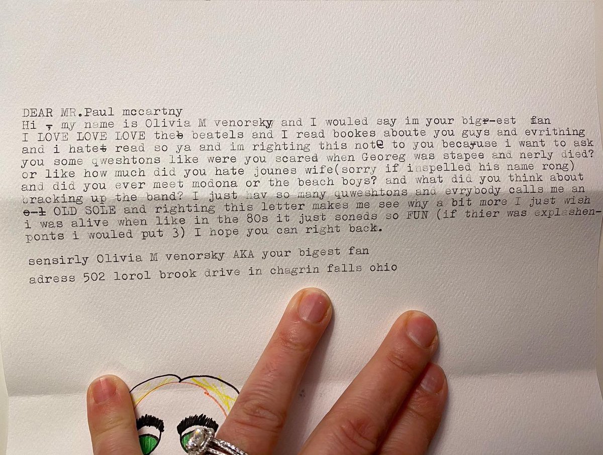 michellev's tweet photo. @johnkrasinski Most kids write letters to Santa. But my daughter, Olivia, 9, wrote to Sir Paul himself. She’s a huge Beatles fan! https://t.co/3SGnTMa15N